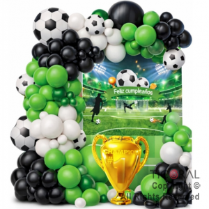 SET DE GLOBOS ARCO XL FELIZ CUMPLEA�OS FUTBOL PELOTAS VERDE NEGRO Y BLANCO ZQ 81 UNIDADES